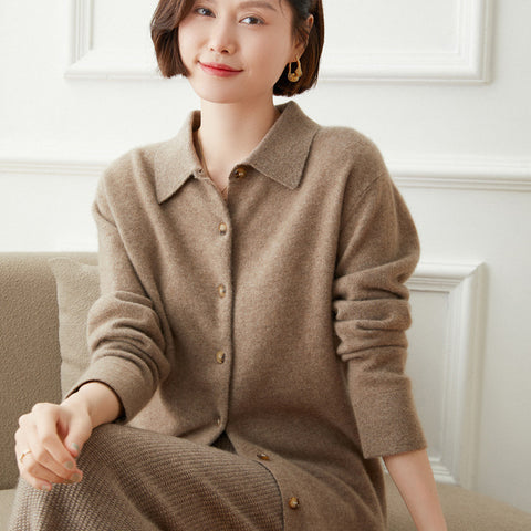 Women Polo Collar Buttons Bottoming Lapel Knitted Cashmere Sweater Cardigan