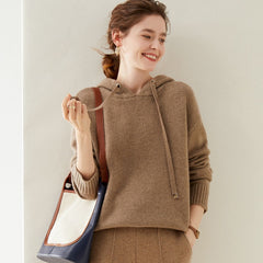 Women's Cashmere Wool Blend Ribbed Cuffs Pullover Sweater Hoodie