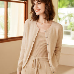 100% Cashmere Crewneck Button-Up Knit Cardigan Sweater