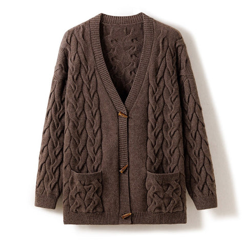 Women's 100% Cashmere Cable Knit Cardigan V-Neck Button Front Loose Knitwear
