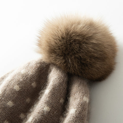 Fair Isle Cashmere Beanie with Fur Pom Pom Soft Keep Warm Knitted Cap