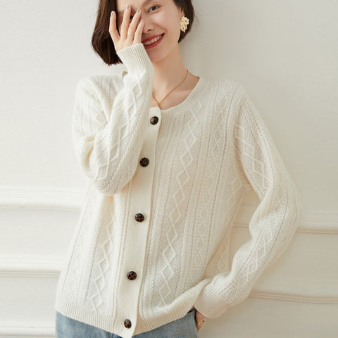 Women's Crew Neck Button Down Twisted Cashmere Cable Knit Cardigan Sweater Jacket