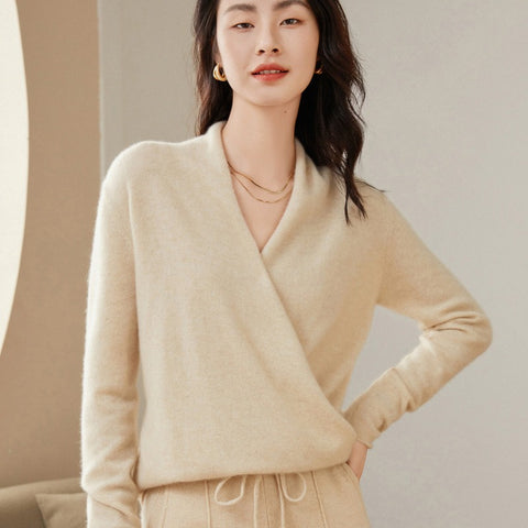 Soft V-Neck Pullover Knitted Pullover Cashmere Wrap Sweater with Draped Front