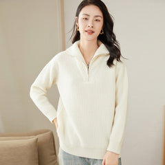 Ribbed Pullover Collar Half-Zip Turtleneck Cashmere Sweater