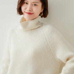 Ribbed Knit Turtleneck Thicken Solid Soft Pullover Cashmere Sweater