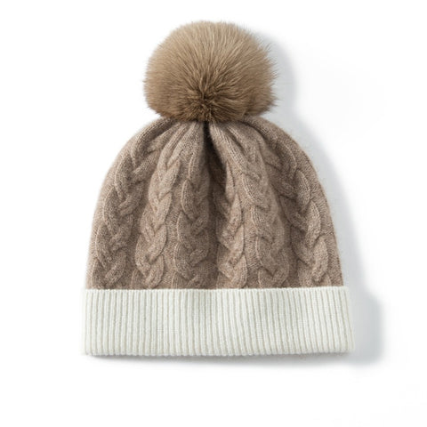 Women′s Cashmere Knitted Warm Thicken Chunky Cable Beanie Hat with Fur Pom Pom