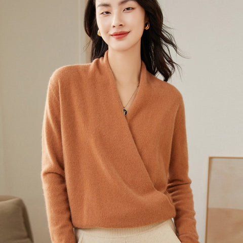 Soft V-Neck Pullover Knitted Pullover Cashmere Wrap Sweater with Draped Front