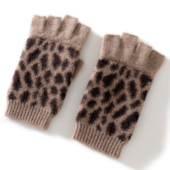 100% Cashmere Knit Half Finger Leopard Print Fingerless Gloves