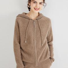 Knit Zip Up Sweater 100% Cashmere Cardigan with Drawstring Hood
