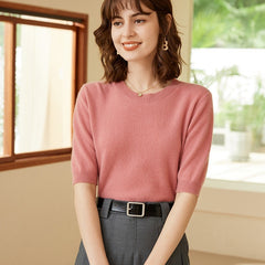 100% Cashmere Half Sleeve Crewneck Pullover Thin Sweater
