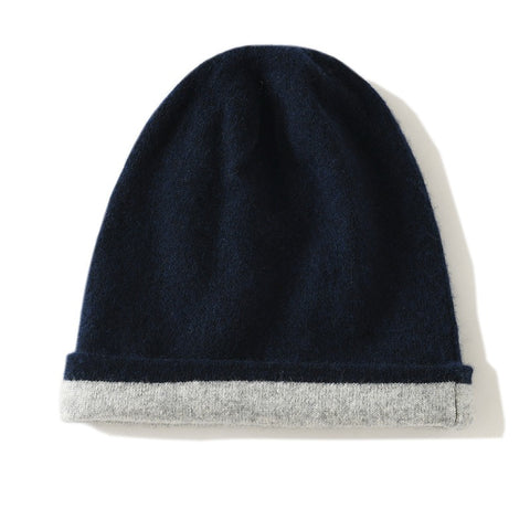 Double Layer Cable Knit Reversible Two-Tone 100% Cashmere Beanie Hat