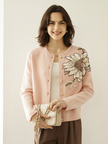 Women's  Crew Neck Floral Button-Up Embroidered Knitted Sweater Cardigan