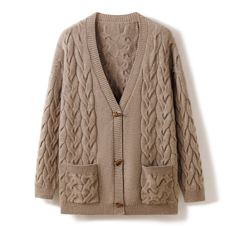 Women's 100% Cashmere Cable Knit Cardigan V-Neck Button Front Loose Knitwear
