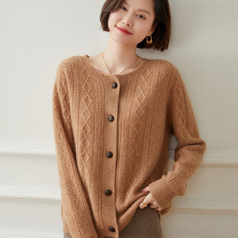 Women's Crew Neck Button Down Twisted Cashmere Cable Knit Cardigan Sweater Jacket