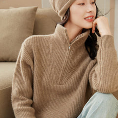 Ribbed Pullover Collar Half-Zip Turtleneck Cashmere Sweater