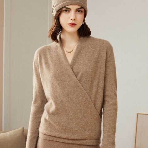 V-Neck Knit Top Wrap-Front Crossover Collar Pullover Pure Cashmere Sweater