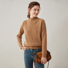 Cashmere Cable Knit Mock Neck Pullover Sweater with Ribbed Trim