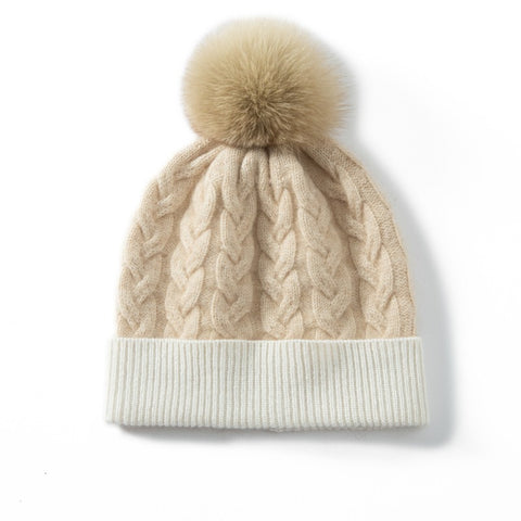 Women′s Cashmere Knitted Warm Thicken Chunky Cable Beanie Hat with Fur Pom Pom