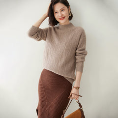 Cashmere Cable Knit Mock Neck Pullover Sweater with Ribbed Trim