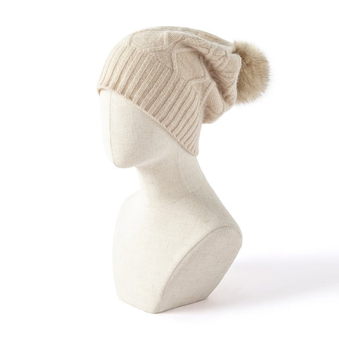 Women’s Pure Cashmere Winter Cable Knit Beanie Hats With Fur Pom Pom Ski Cap