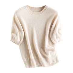 100% Cashmere Half Sleeve Crewneck Pullover Thin Sweater