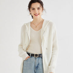 Knit Zip Up Sweater 100% Cashmere Cardigan with Drawstring Hood
