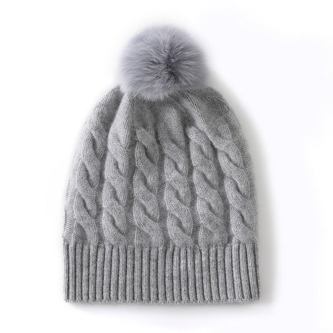 100% Cashmere Beanie Fur Pom  Pom Cable Knit Beanie Hat