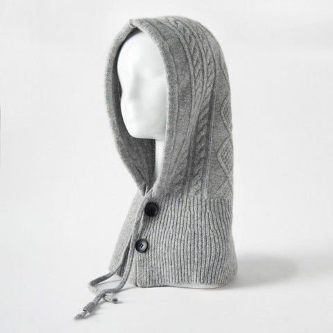 Warm Windproof Cashmere Hooded Hat Ribbed Knit Drawstring Beanie Cap