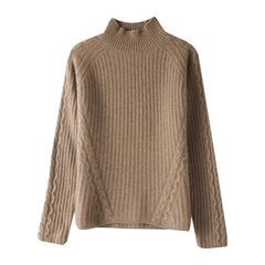 Ribbed 100% Cashmere Mock Neck High Neck Pullover Loose Sweater