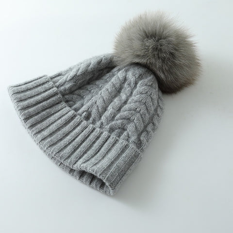 100% Cashmere Stretchy Cable Knit Beanie with Real Fur Pom Ski Hat