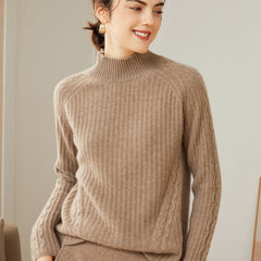Ribbed 100% Cashmere Mock Neck High Neck Pullover Loose Sweater