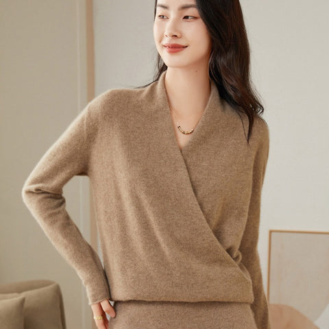 Soft V-Neck Pullover Knitted Pullover Cashmere Wrap Sweater with Draped Front