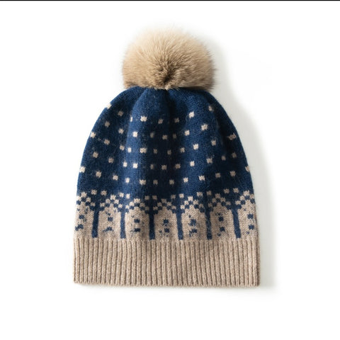 Fair Isle Cashmere Beanie with Fur Pom Pom Soft Keep Warm Knitted Cap
