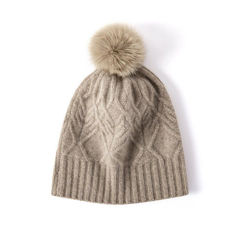 Women’s Pure Cashmere Winter Cable Knit Beanie Hats With Fur Pom Pom Ski Cap