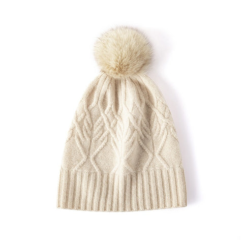 Women’s Pure Cashmere Winter Cable Knit Beanie Hats With Fur Pom Pom Ski Cap