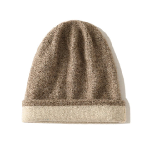 Double Layer Cable Knit Reversible Two-Tone 100% Cashmere Beanie Hat