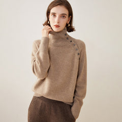Asymmetric Button Detail Knit 100% Cashmere Turtleneck Sweater
