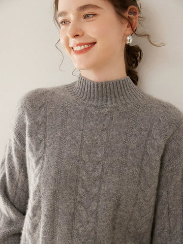 Women’s 100% Pure Cashmere Cable Knit Mock Neck Ribbed Hem Pullover Sweater