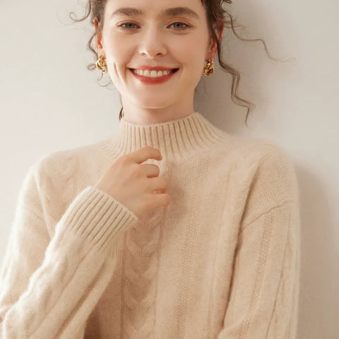 Women’s 100% Pure Cashmere Cable Knit Mock Neck Ribbed Hem Pullover Sweater