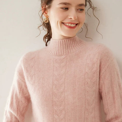 Women’s 100% Pure Cashmere Cable Knit Mock Neck Ribbed Hem Pullover Sweater
