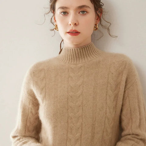 Women’s 100% Pure Cashmere Cable Knit Mock Neck Ribbed Hem Pullover Sweater