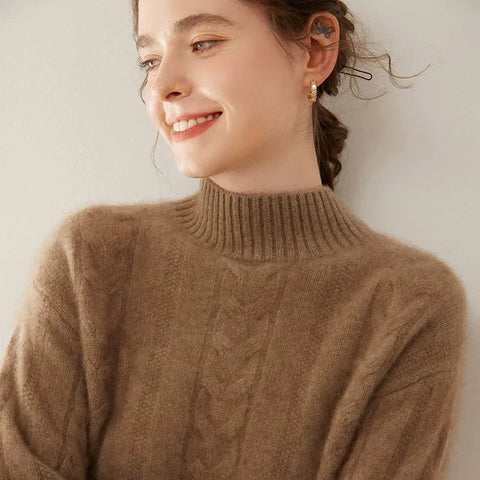 Women’s 100% Pure Cashmere Cable Knit Mock Neck Ribbed Hem Pullover Sweater