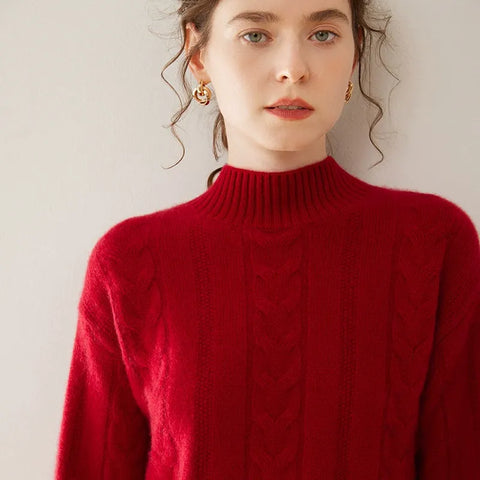 Women’s 100% Pure Cashmere Cable Knit Mock Neck Ribbed Hem Pullover Sweater