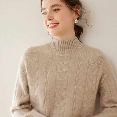 Women’s 100% Pure Cashmere Cable Knit Mock Neck Ribbed Hem Pullover Sweater