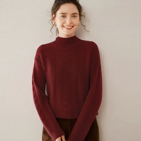 Women’s 100% Pure Cashmere Cable Knit Mock Neck Ribbed Hem Pullover Sweater