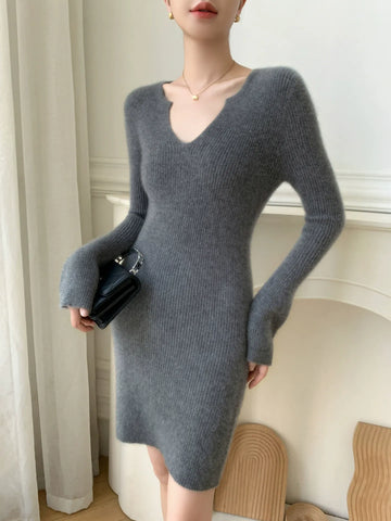 Ribbed Cashmere-Wool V-Neck Slim Fit Mid Length Sweater Dress