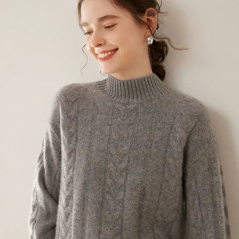 Women’s 100% Pure Cashmere Cable Knit Mock Neck Ribbed Hem Pullover Sweater