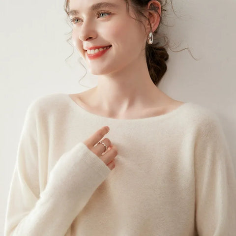 Elegant Relaxed Fit Knit Pullover Women's Cashmere Wool Boat Neck Sweater