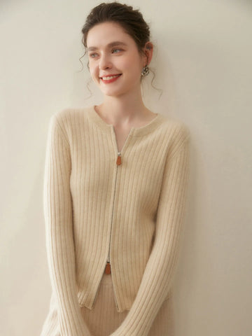 Women's Slim Fit Round Neck Knit Sweater Cashmere Blend Ribbed Zip Cardigan