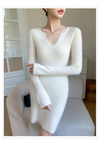 Ribbed Cashmere-Wool V-Neck Slim Fit Mid Length Sweater Dress